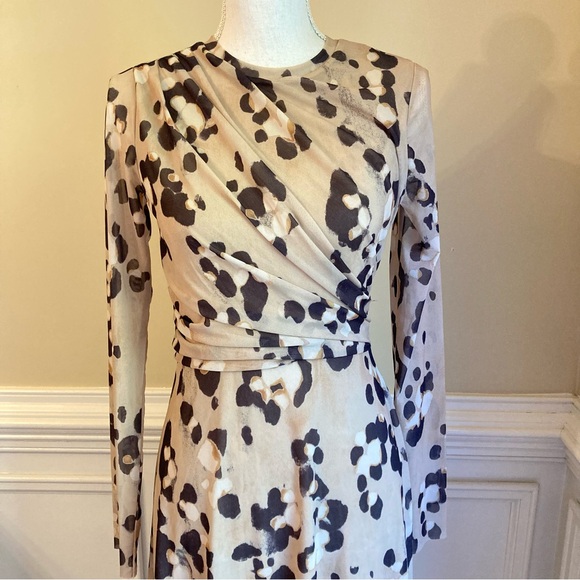 H&M Tan Black Animal Leopard Cheetah Print Mesh Net Long Sleeve Midi Maxi Dress - Picture 4 of 9